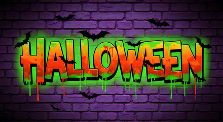 Naklejka premium Colorful neon hallowen text design with flying bats on a dark brick wall