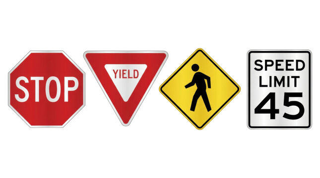 Collection of common US road and traffic signs on white background, concept of road safety and traffic regulations