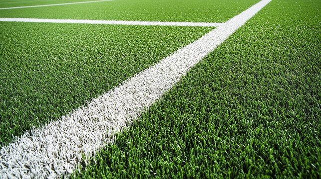 turf. Overhead view of lush green sports field with crisp white goal lines. event key visuals, club posters, designed for sports event promotions and stadium branding, boosts motivation.