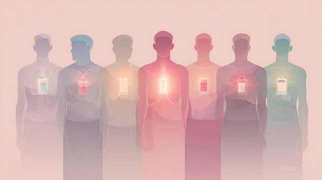 Mental health imagery showing diverse people with battery symbols inside their bodies, representing emotional energy, stress, burnout, wellbeing, resilience, balance, and personal recovery