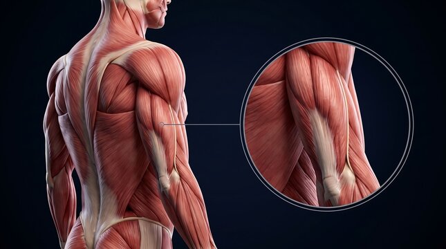 Detailed anatomical illustration of human back and arm muscles with a magnified view.