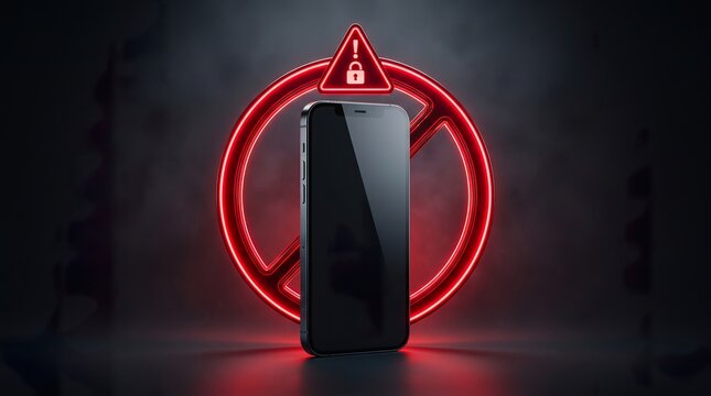 Smartphone with red forbidden symbol and warning icon, representing mobile phone restriction or ban.