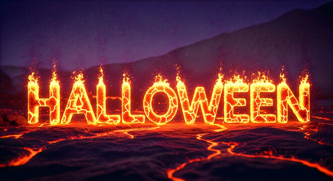 Fiery glowing text spelling out the word hallowen against a dark purple background