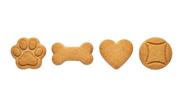 Four dog biscuits in paw print, bone, heart, and ball shapes on a white background, concept of pet nutrition and care