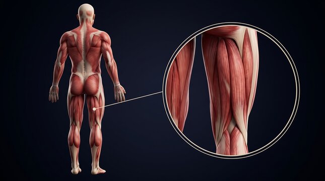Posterior view of human muscular system with magnified detail of hamstring muscles.