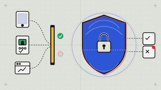 Abstract animated zero trust security model verifying every request drawn as blue and cyan lines and shapes on a bright, clean light background. Seamless looping 4K motion graphics video with free spa