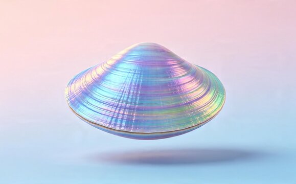 Iridescent seashell floating against a pastel gradient background