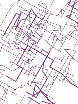 Conceptual abstract digital illustration featuring dark purple interconnected lines and small green dots on black