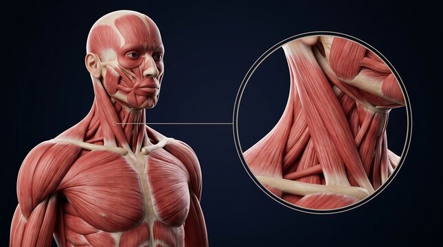 Detailed anatomical illustration of the human muscular system with a focus on neck muscles.