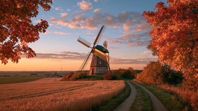 Historic brick windmill at golden-hour sunset amid autumn wheat fields