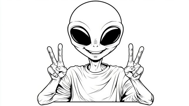 Black outline illustration of a friendly cute cosmic alien waving with two hands sign white space.