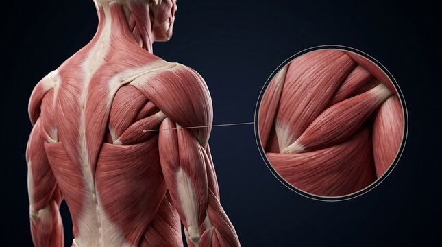 Detailed anatomical illustration of human back and shoulder muscles with a magnified view of the deltoid region.