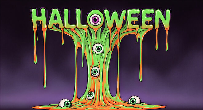Spooky hallowen text design featuring dripping green slime and realistic eyeballs for celebration