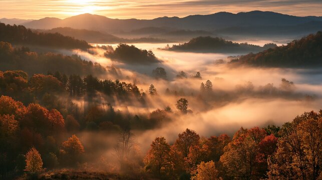 Aerial view of misty autumn valley at golden-hour sunrise, sun rays piercing fog between orange and red deciduous trees, layered mountain ridges receding into haze