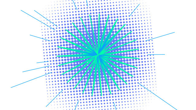 Dynamic blue comic book style starburst explosion with a halftone dot pattern on black