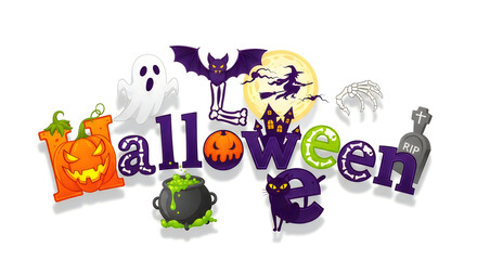 Fototapeta premium Colorful festive hallowen text design featuring spooky icons isolated on a white background
