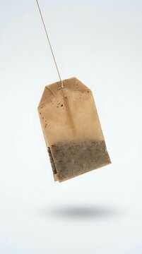 Single tea bag with string and label hanging against white