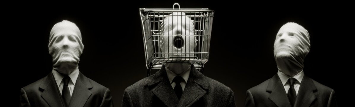 Men in suits with masks on their heads and a birdcage on their head creative portrait