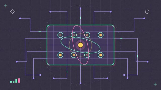 Abstract animated quantum processor chip holding its qubits drawn as blue and cyan lines and shapes on a deep dark background. Seamless looping 4K motion graphics video with free space for text, ideal