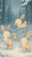Obraz premium Playful rabbits in snowy forest mobile wallpaper