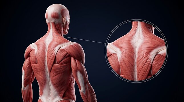Detailed anatomical illustration of human back muscles with a magnified view of the trapezius region.