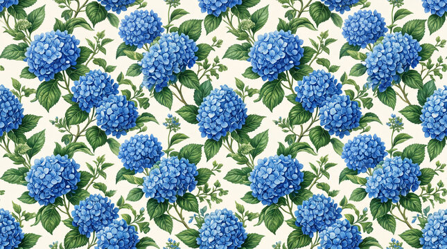 Seamless floral pattern featuring blue hydrangeas surrounded by green leaves on a light background