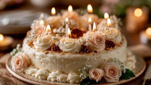Cake with candles on it on a plate congrarulation holiday background copy space