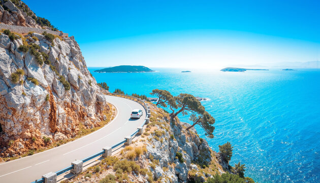 White Car Driving Coastal Cliff Road Above Turquoise Mediterranean Sea