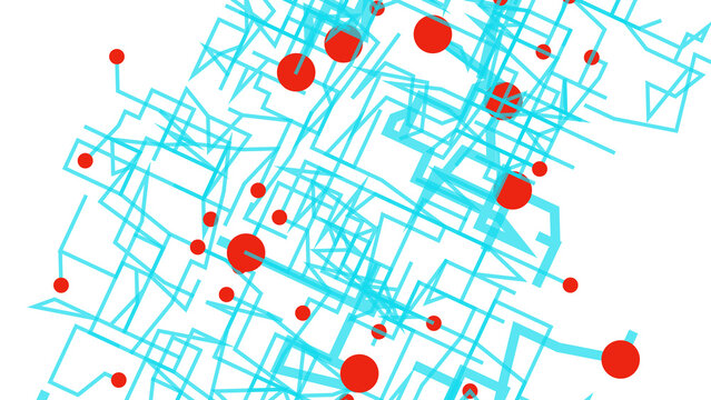 Intricate cyan linear maze structure with vibrant red nodes representing data pathways and technological network connections