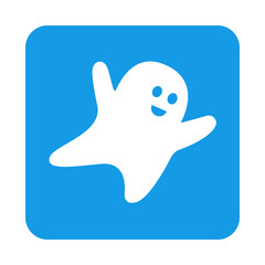 Logo Halloween. Icono con dibujo sencillo de la silueta de un fantasma simpático volando en cuadrado de color azul. Archivo PNG con transparencia