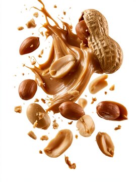 Dynamic levitation shot of whole peanuts in shell, shelled kernels, and a swirling splash of smooth peanut butter against pure white