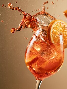 Dynamic splash shot of an orange Spritz in a large balloon wine glass, ice cubes mid-air, orange wheel garnish on rim, liquid erupting upward against warm golden-beige backdrop