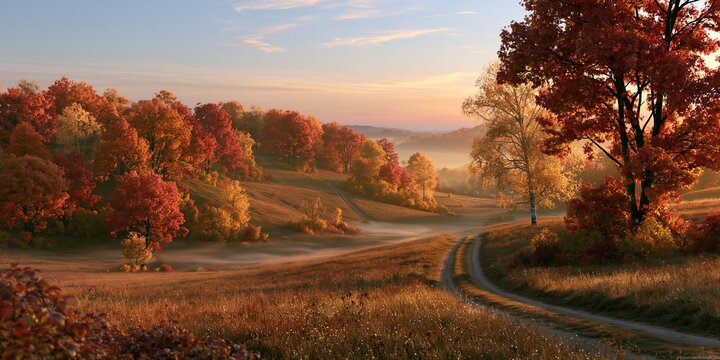 Soft morning mist drifts across golden meadows flanking a curving unpaved lane bordered by vivid red maple and birch trees in peak fall color