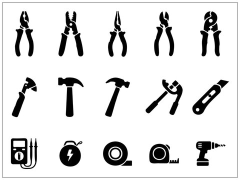 Set of black construction tools silhouettes on transparent background for home repair maintenance.