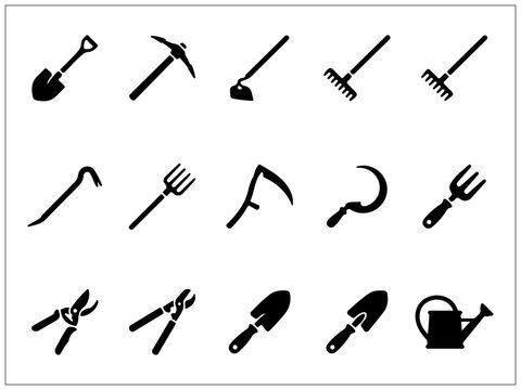 Collection of black gardening tools silhouettes on transparent background for lawn maintenance tasks.