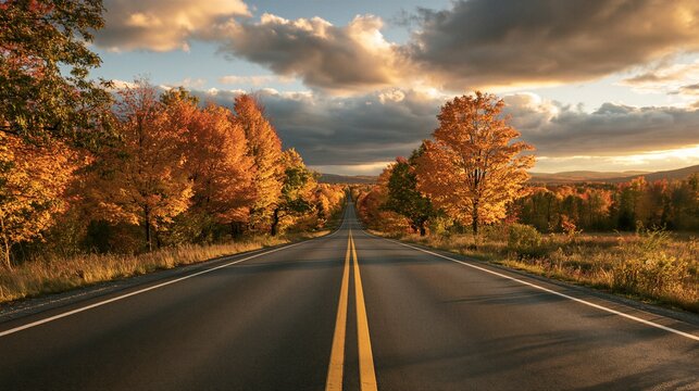 Empty two-lane country road stretching to horizon through vibrant autumn