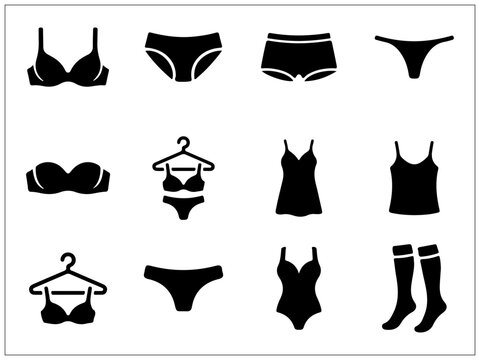 Collection of black lingerie and underwear silhouettes on transparent background for fashion retail.