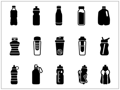 Set of black water bottle silhouettes on transparent background for hydration fitness lifestyle use.