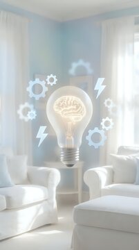 Glowing light bulb with brain and gears floating in bright living