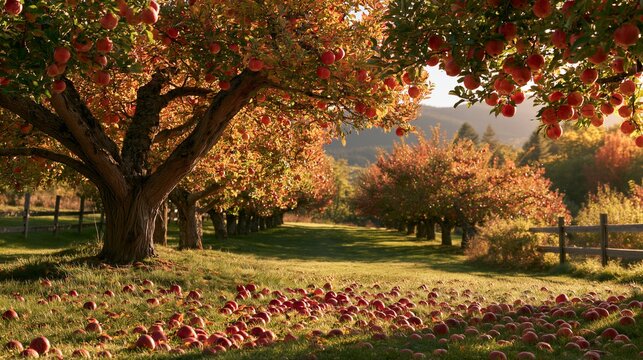 Red Apple Orchard at Golden Hour in Autumn with Fallen Fruit Scattered
