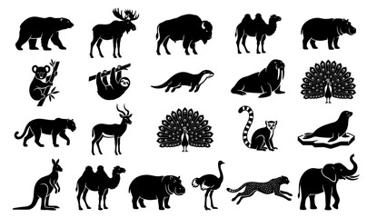 Obraz premium Wild Animal Silhouette Icon Set Featuring Mammals and Birds for Wildlife Preservation Graphic Designs, Nature Logos, and Zoo Educational Vector Illustrations