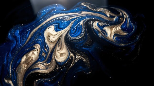 Liquid marble swirls in deep blue and gold tones with glitter
