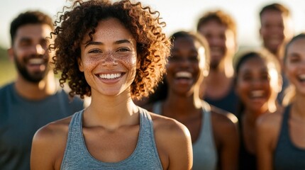 Fototapeta premium Smiling woman with freckles leads diverse group after outdoor workout. Friends laugh together, enjoying fitness and summer fun outside. Camaraderie and healthy lifestyle evident.