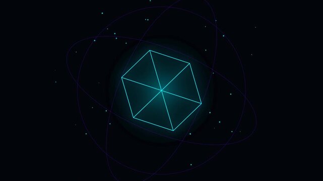 A glowing cyan wireframe hexagon floats in deep space surrounded by orbiting elliptical paths and twinkling stars, creating a seamless looping animation effect.