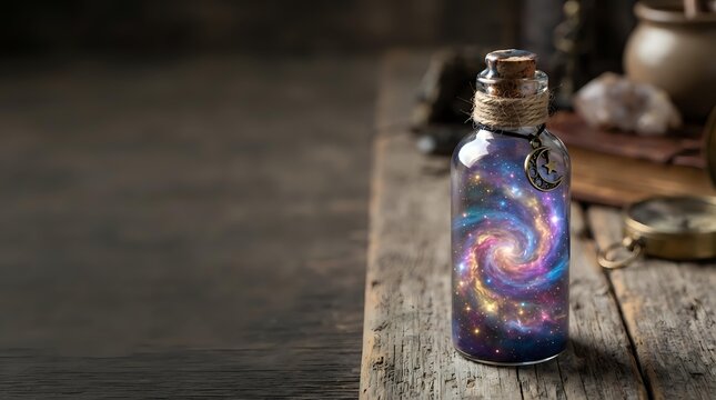 Glowing spiral galaxy swirls inside glass bottle with cork stopper