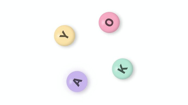 Four rounded pastel multi-color bubble letters spelling OKAY orbit slowly around a shared center point while each gently bounces in place on a solid white background