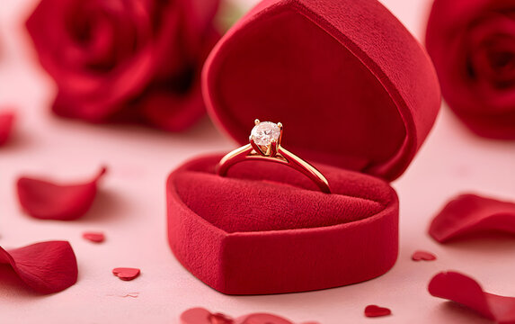 Gold diamond ring rests in heart shaped box with red roses and petals scattered. Romantic proposal or wedding surprise, luxury proposal idea.