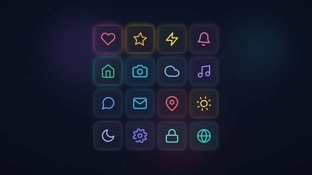Animated neon glowing app icons appearing on a dark background