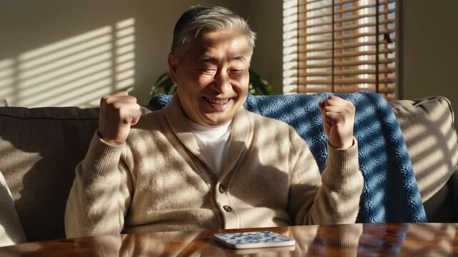 Senior man celebrates victory on sofa with raised fists at home. Happy elderly man shows winning gesture. Senior celebrating success on couch. Excited man with victory fists on home sofa.