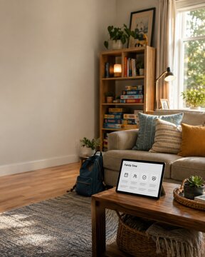 Digital tablet displaying family time schedule app on wooden coffee table in cozy living room